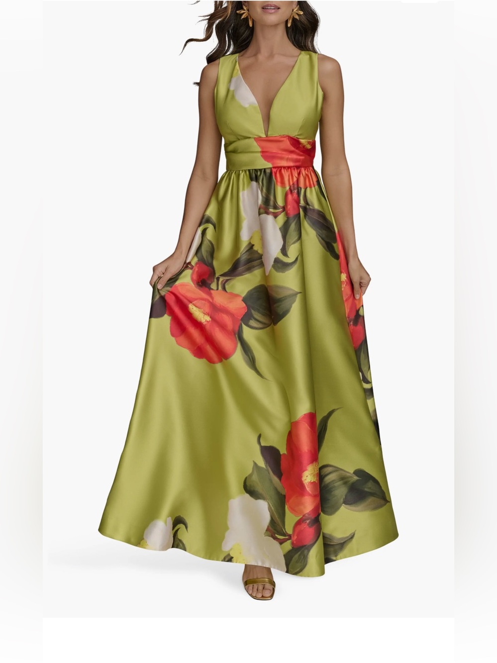 Donna Karan Olive Green Maxi Dress with Red Floral Print
